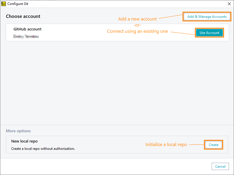 Connect project with a Git repository: Select an account