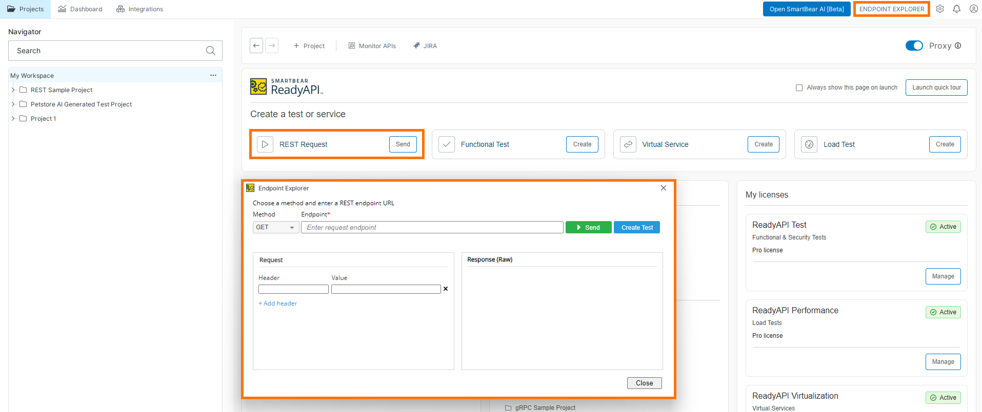 Open Endpoint Explorer from ReadyAPI start page or navigation ReadyAPI interface showing how to open Endpoint Explorer from the REST Request option on the start page or from the Endpoint Explorer option in the top navigation, with the Endpoint Explorer dialog displayed.