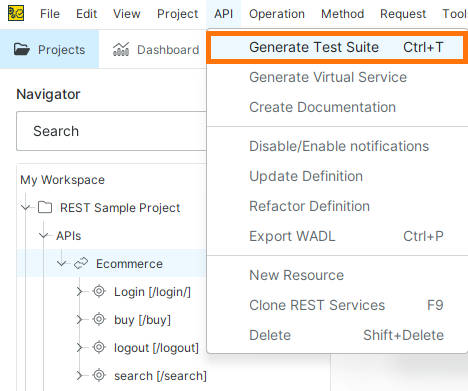 Generate Test Suite from the main menu Main menu in ReadyAPI showing the Generate Test Suite option.