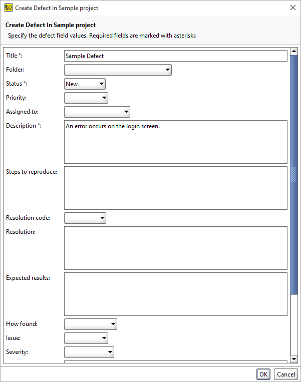 The Create Defect in Project dialog