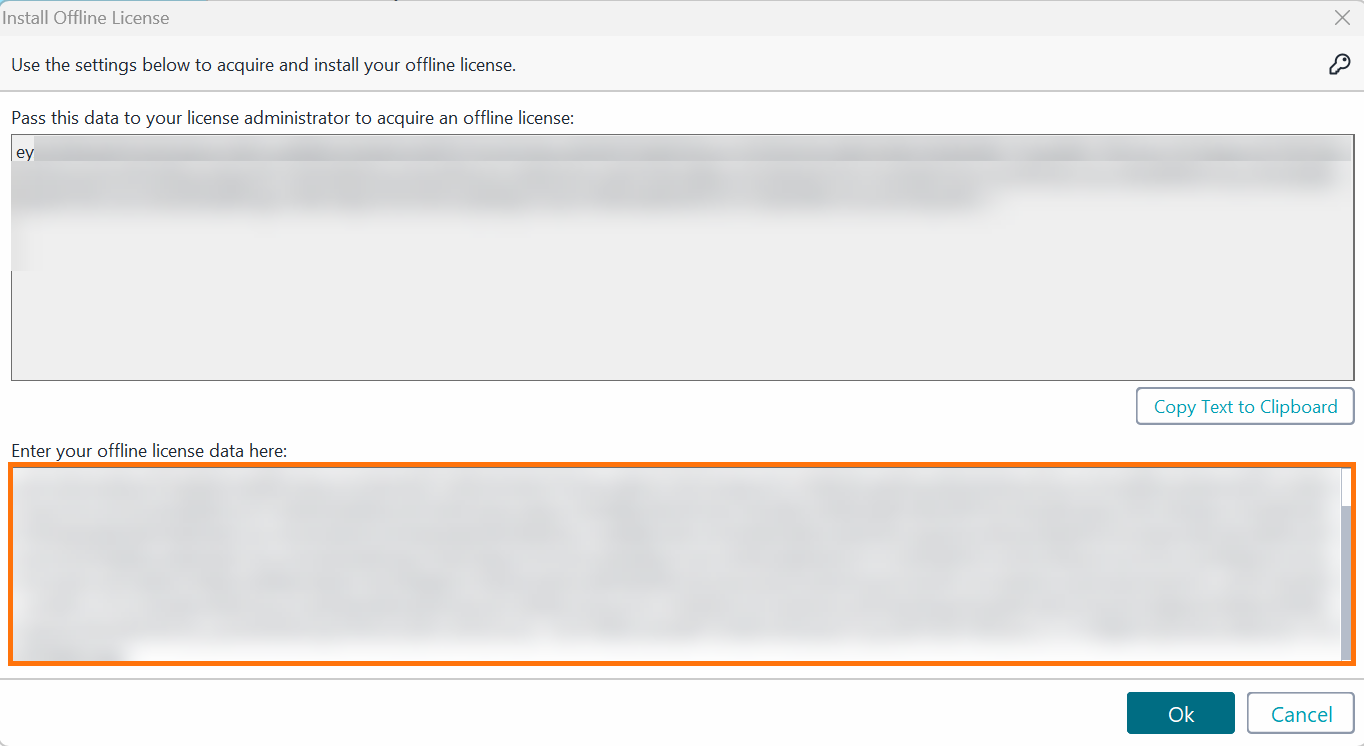 Screenshot of ReadyAPI showing the Install Offline License dialog with a field to enter offline license data received from the administrator.