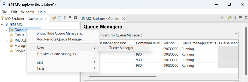 Context menu in IBM MQ Explorer for adding a new queue manager