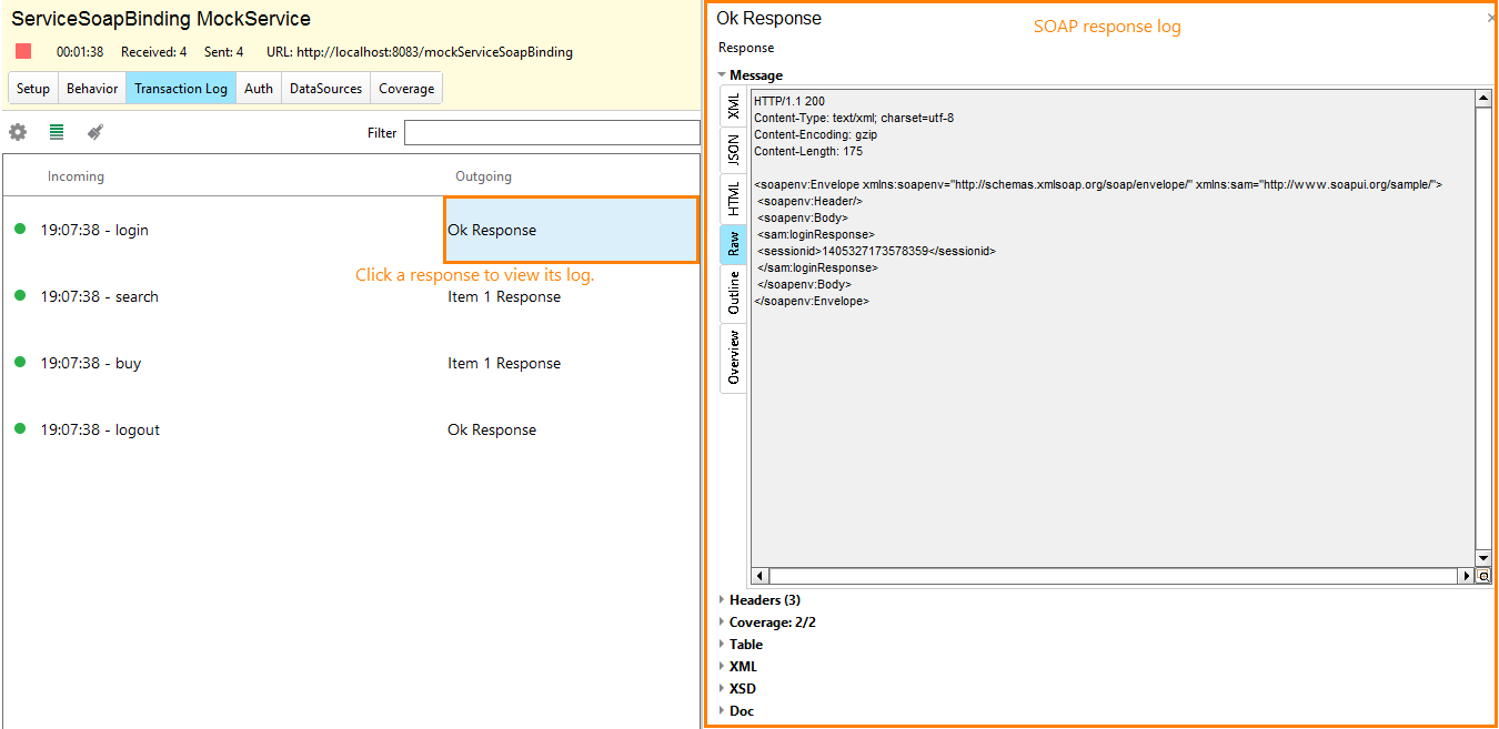 Service virtualization and API testing: SOAP response log