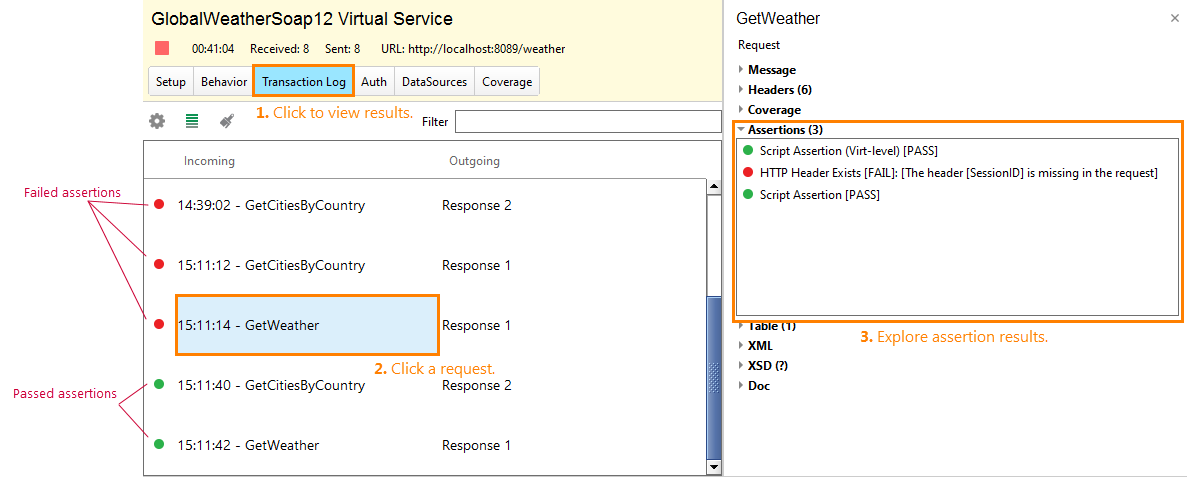 Service virtualization and API testing: Assertions in the Transaction log