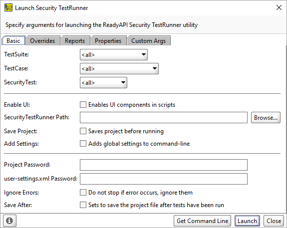 ReadyAPI: Command Line Runner basic tab