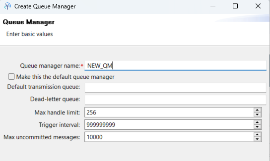 Dialog box in IBM MQ Explorer with field to enter the queue manager name