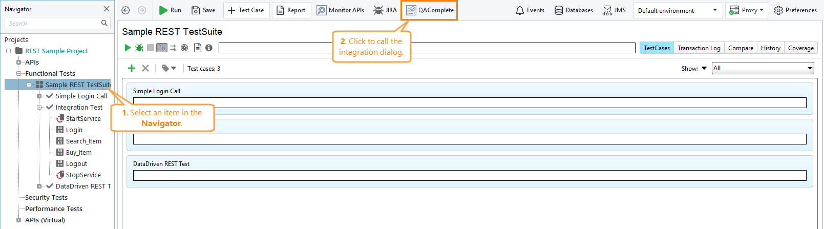 ReadyAPI toolbar: The QAComplete button