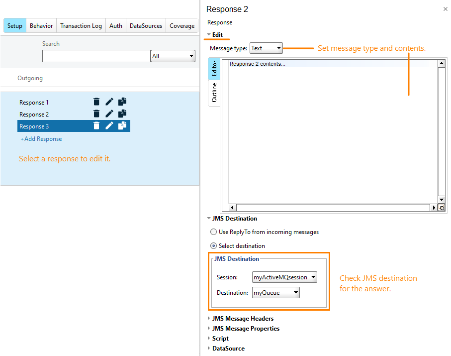 Service virtualization and API testing: Configure JMS response