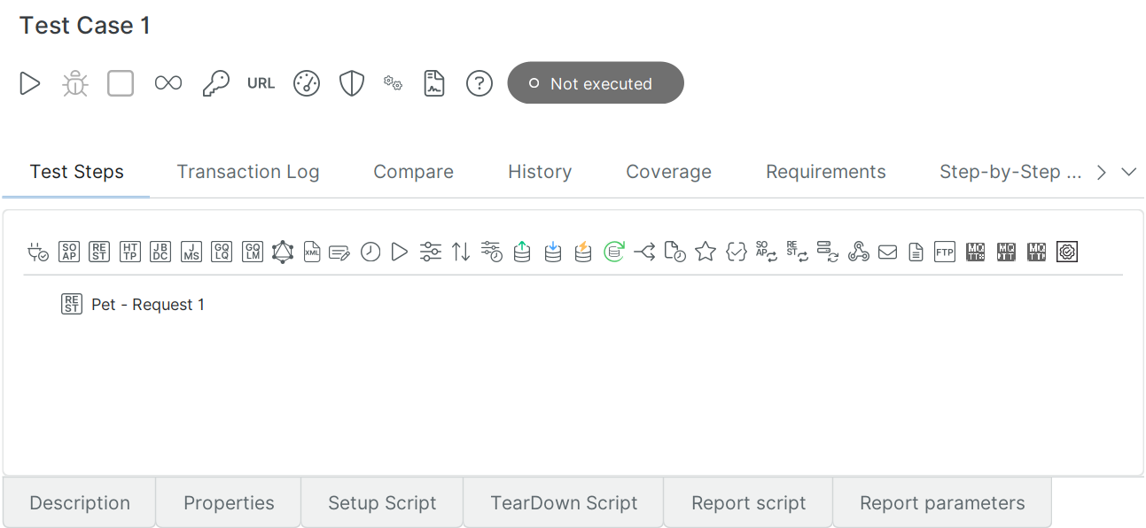 Test Case 1: Pet Request Recorded Step Test Case 1 editor showing one recorded REST test step: Pet - Request 1, with status showing Not executed.