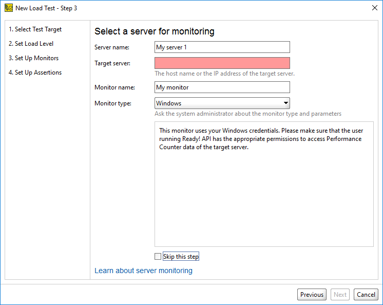 API load testing with ReadyAPI: Creating a load test from Template: Set Up Monitors