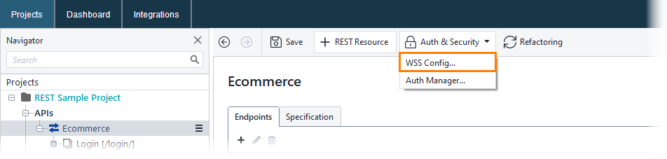 Configure SSL for a request: WSS Config button