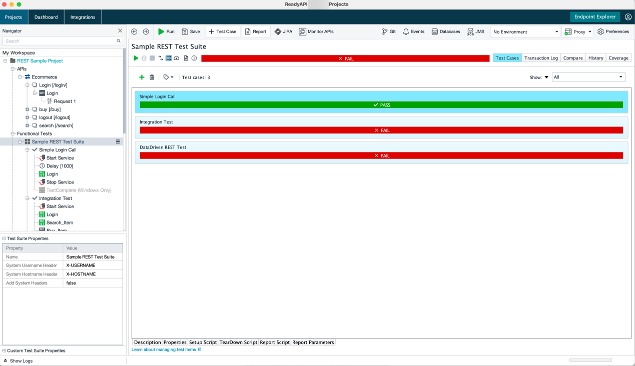 Screenshot of Sample REST Test Suite in ReadyAPI before the UI redesign, showing overall test status with pass/fail results for Simple Login Call, Integration Test, and Data-Driven REST Test.