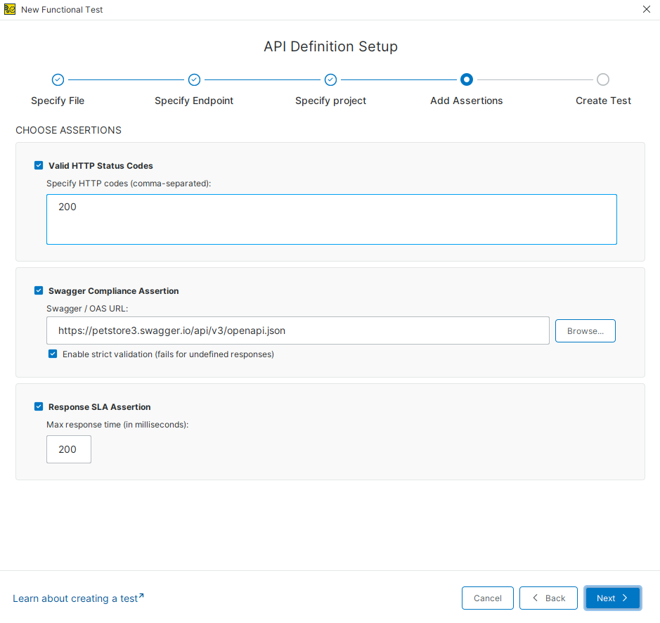 Select Assertions for Functional Test API Definition Setup dialog showing assertion options such as HTTP status code validation and response time limits.