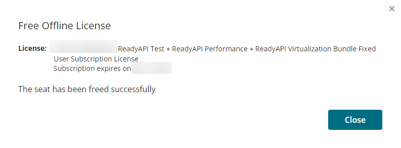 Screenshot of the SmartBear Licensing Portal showing confirmation that the offline license seat has been freed successfully.