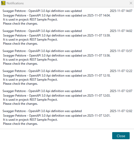 Notifications panel listing updates to a Swagger Petstore OpenAPI 3.0 definition used in a REST sample project, with timestamps and change messages.