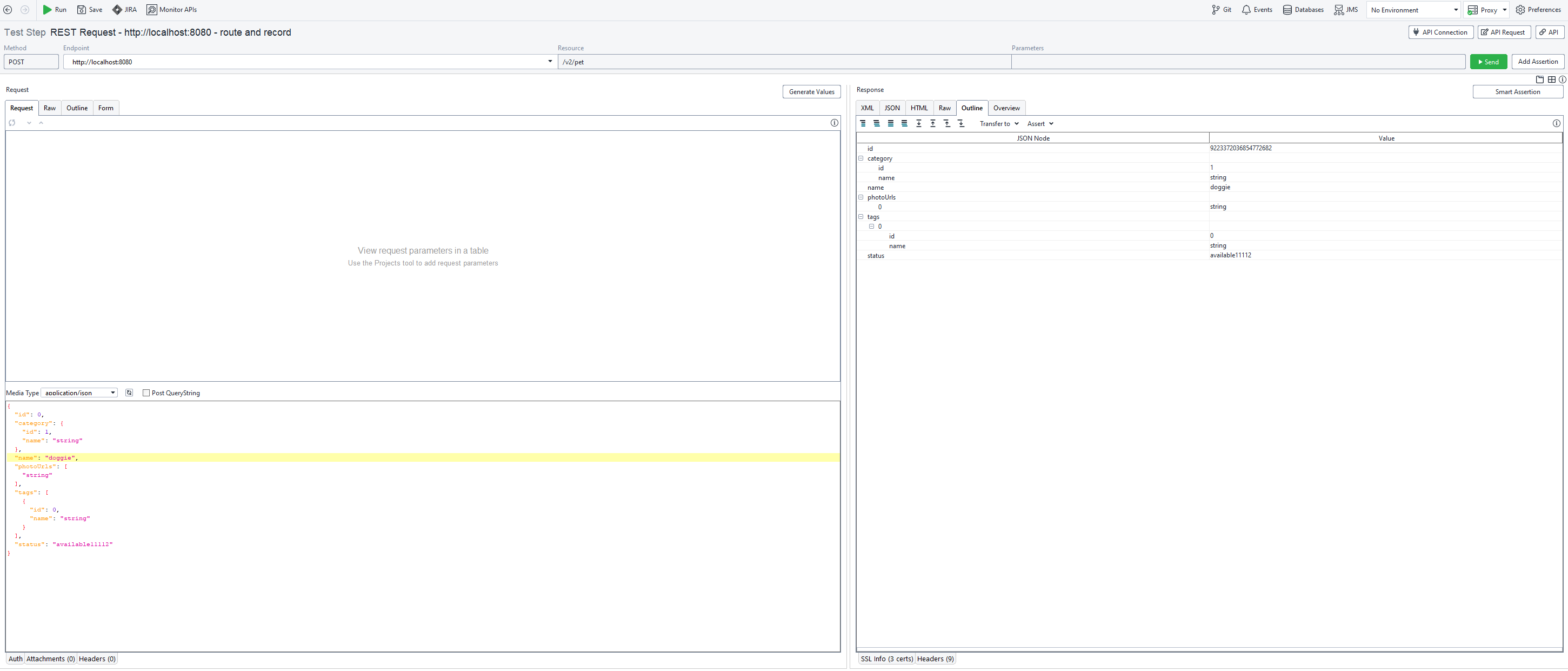 Request sent to the virtual service using the configured Route and Record for Conditional Match option