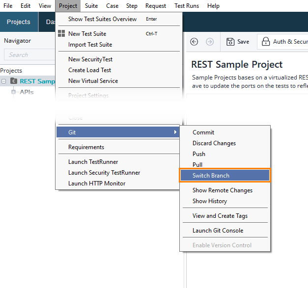 Git integration: Switching Branch command in main menu Git integration: Switching Branch command in main menu