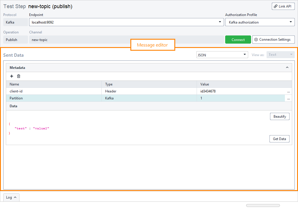 API Connection test step: Message editor