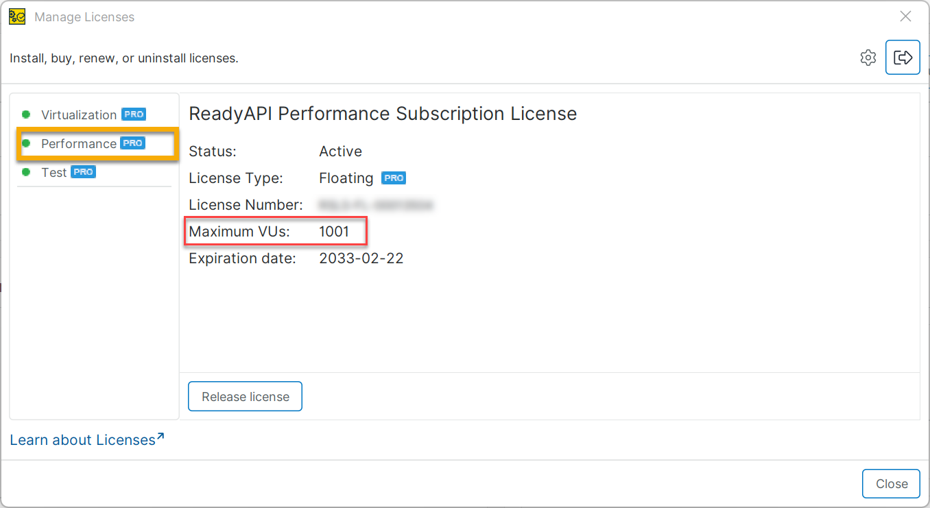 Screenshot of ReadyAPI showing an active Performance subscription license with floating type, license number, expiration date, and maximum VUs set to 1001.