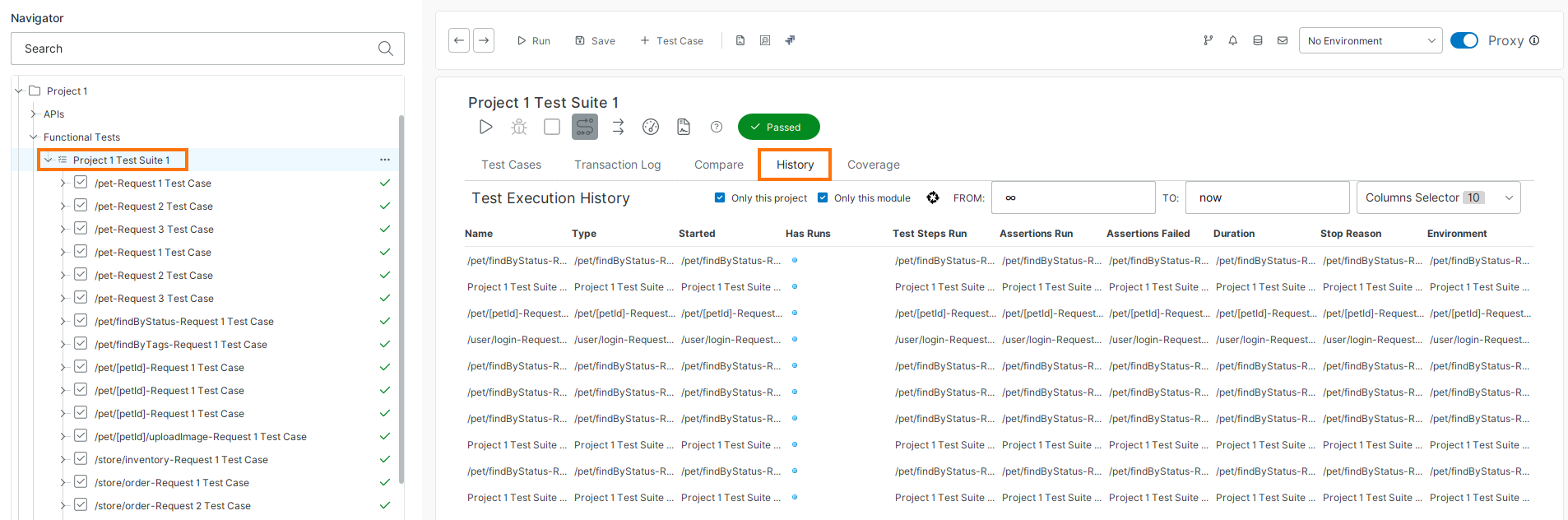 History tab showing test execution results for a selected test suite in ReadyAPI.