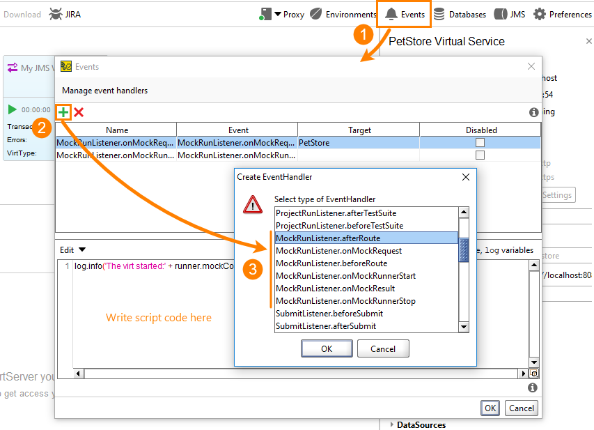 Service virtualization and API testing: Create an event handler for a virtual service