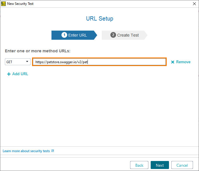ReadyAPI: Entering an URL for the new security test
