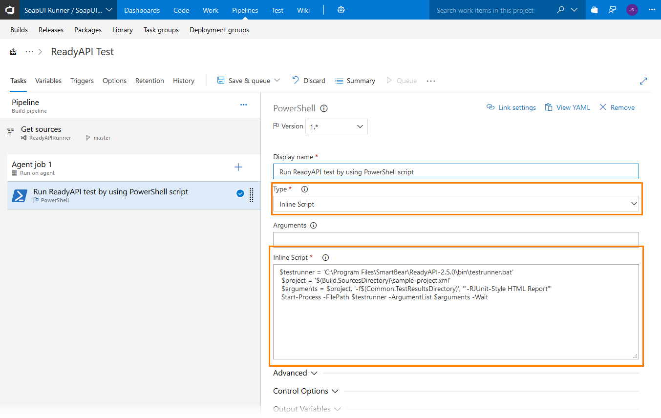 Configure a PowerShell task (inline script)