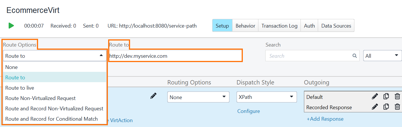 Service Virtualization and API Testing: Setting Route Options This screenshot shows the route options settings for a virtual service in service virtualization and API testing, illustrating configuration choices for directing client requests.