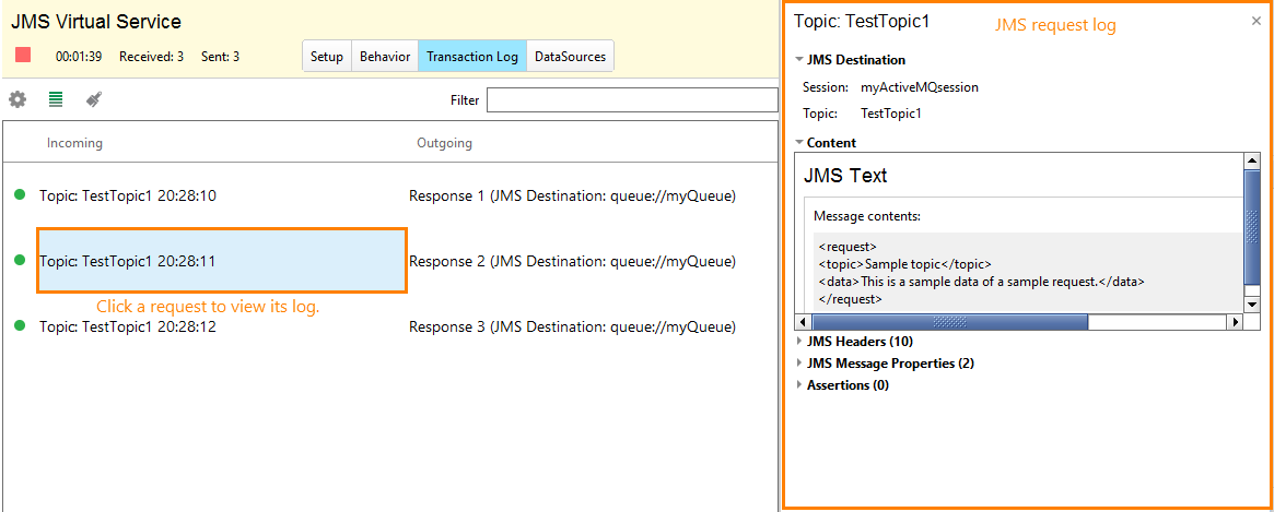 Service virtualization and API testing: JMS request log Service virtualization and API testing: JMS request log