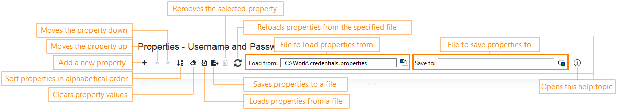 Properties test step toolbar