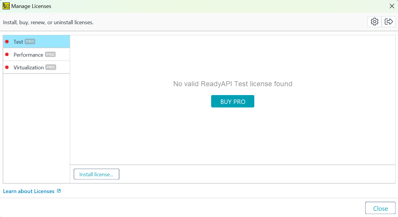 Screenshot of ReadyAPI showing the no license installed screen.