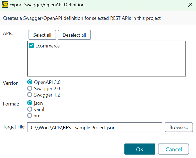 Dialog box for configuring export parameters for the Swagger/OpenAPI definition