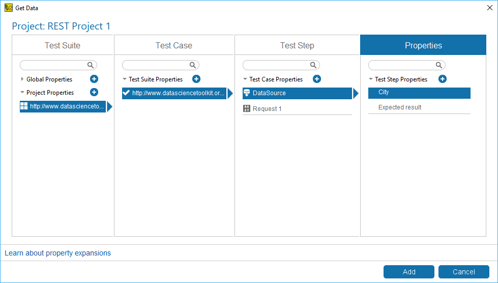 Web service testing with ReadyAPI: The Get Data dialog
