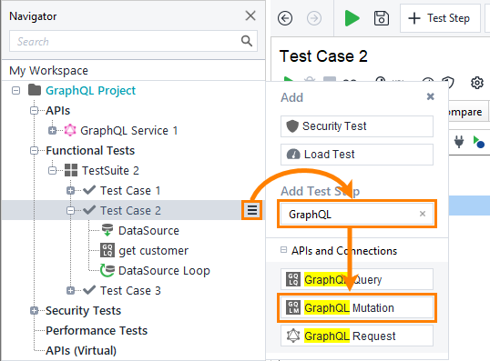 GraphQL testing in ReadyAPI: Adding GraphQL Mutation Request test step by using the flyout menu