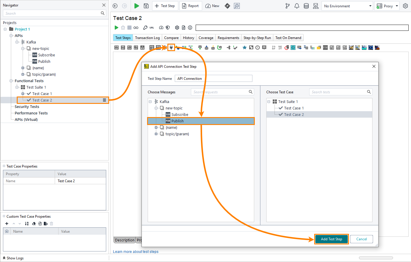 Simulating Kafka producer: Add API Connection test step