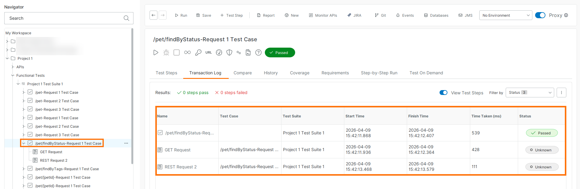 View test case execution results in the Transaction Log ReadyAPI Transaction Log showing execution results for a test case with individual test steps, status, and execution time.