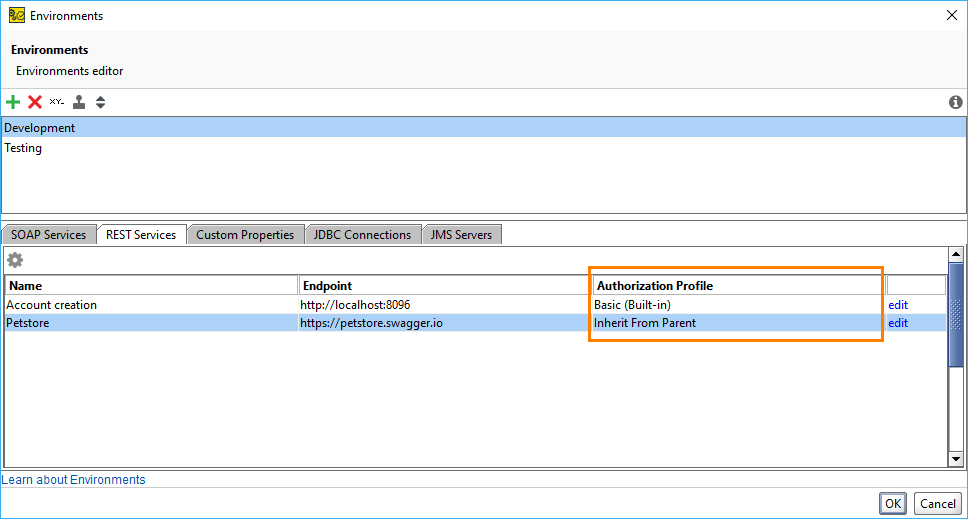What's New in ReadyAPI 2.7: Authorization profile in the Environment dialog What's New in ReadyAPI 2.7: Authorization profile in the Environment dialog