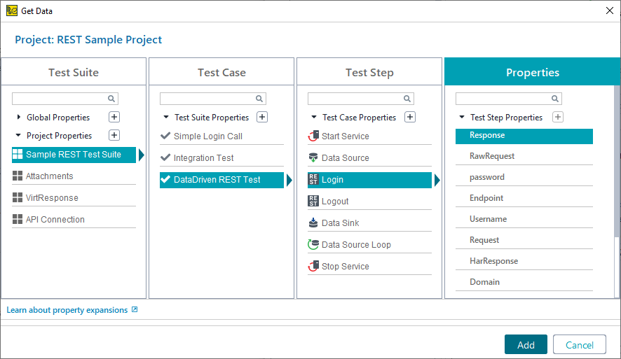 Excel DataSink Example: Get data dialog