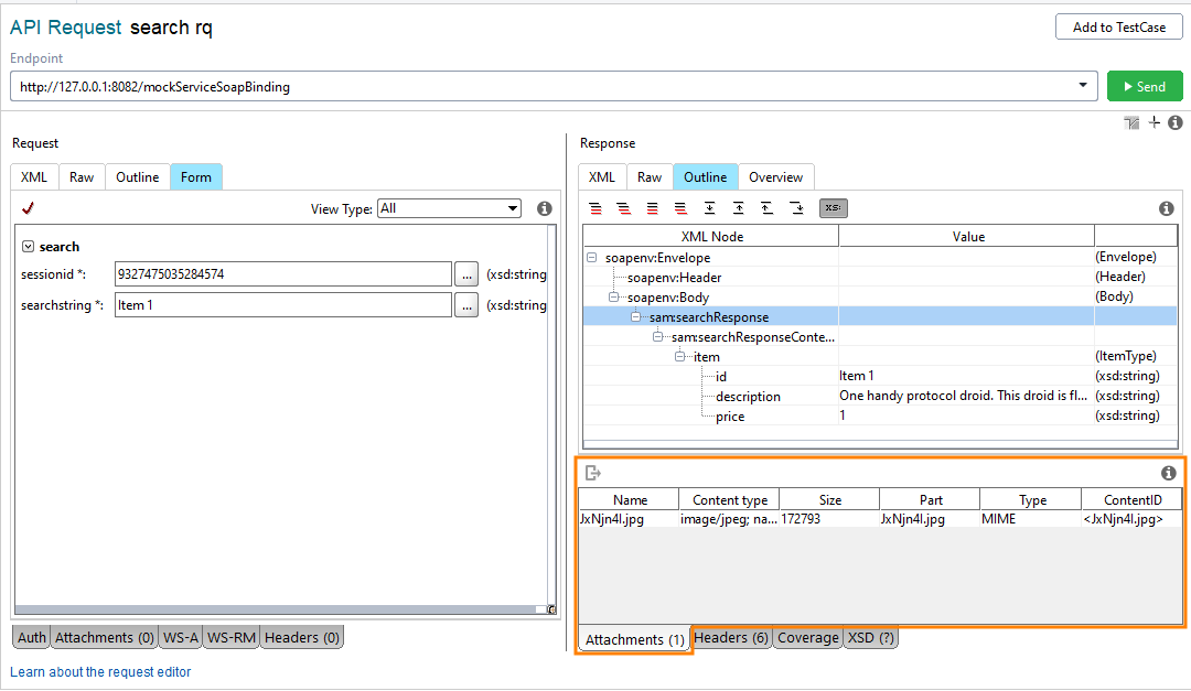 The response Attachments panel