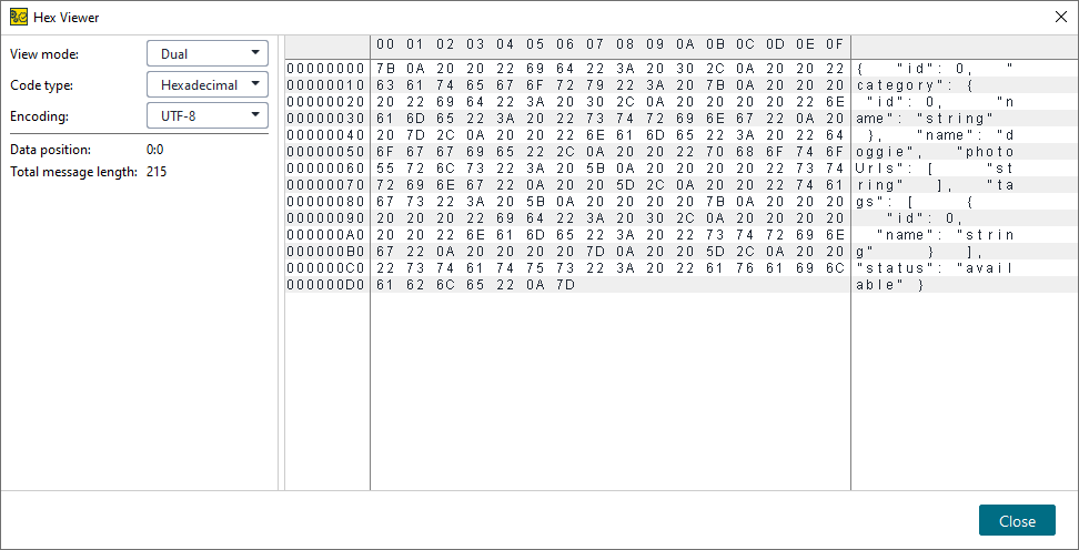 Hex viewer in the JMS virtual services Hex viewer in the JMS virtual services