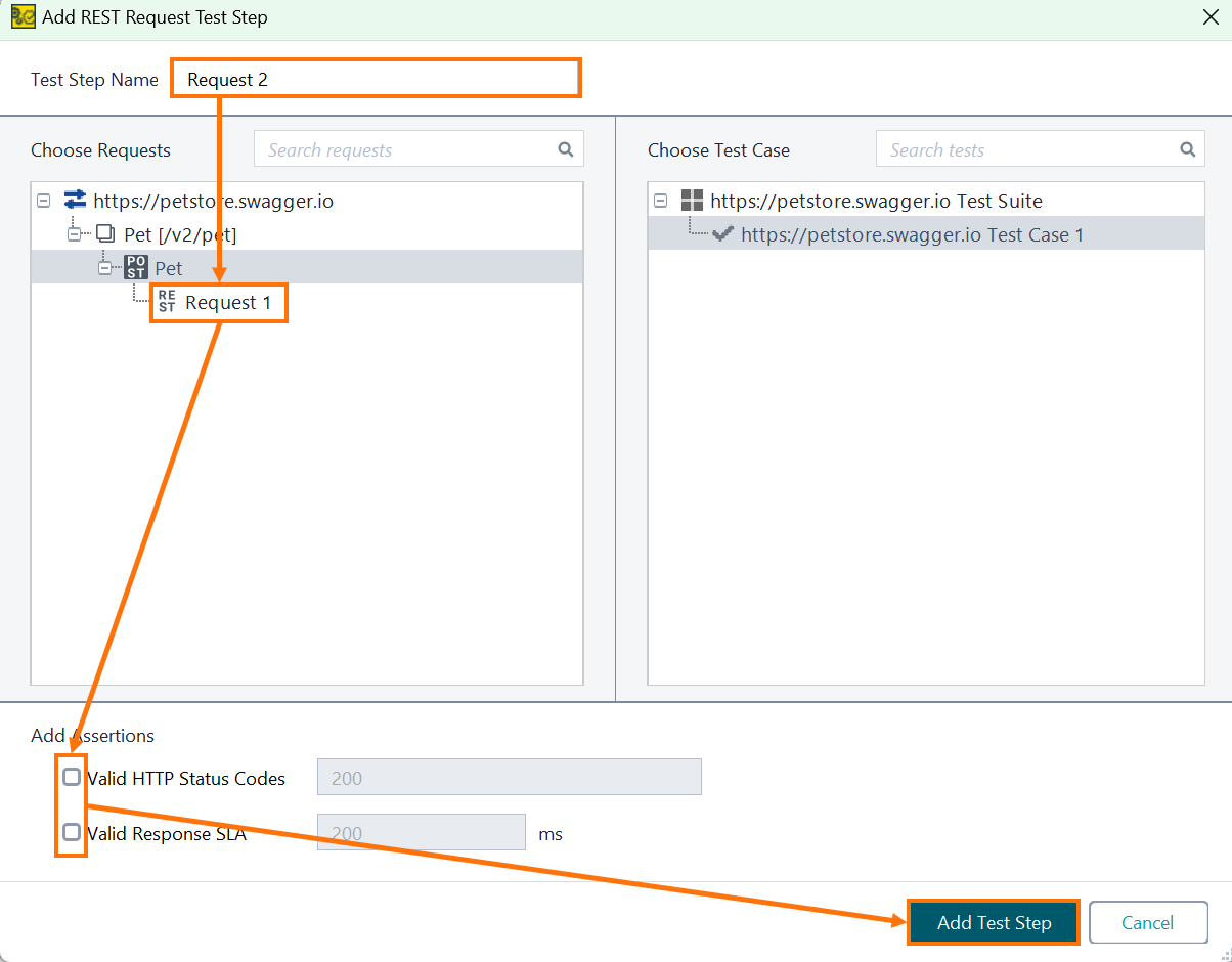 Functional Web Service Testing with ReadyAPI: Add Request Test Step Dialog Dialog box for adding a Request Test Step in ReadyAPI, showing fields to enter the step name, select a template request, clear assertion checkboxes, and click the Add Test Step button