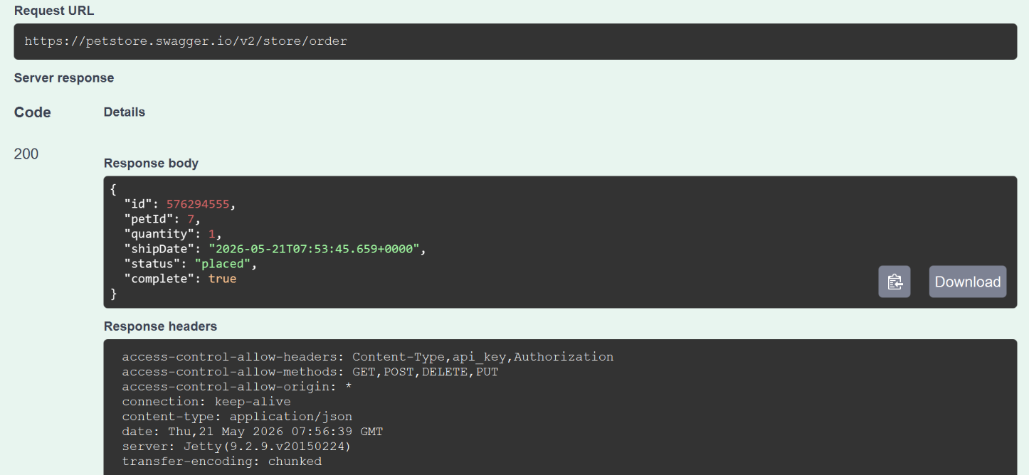 Server response section showing a 200 response code with a JSON response body confirming the order was placed, with quantity set to 1 and status set to "placed".