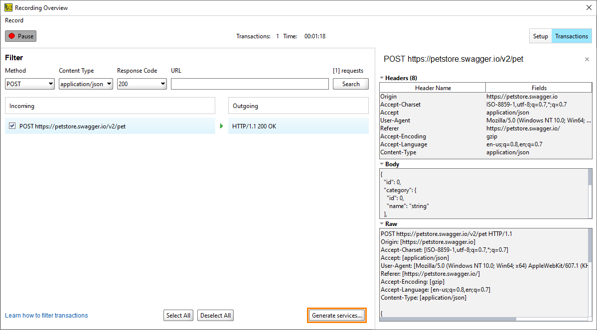 Clicking Generate services Clicking Generate services
