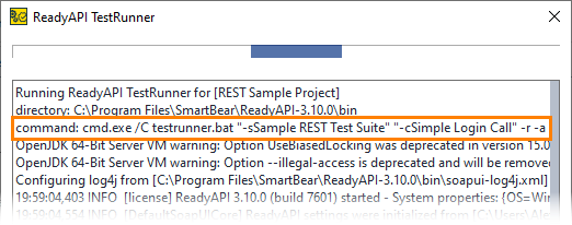ReadyAPI: The command line in the test log