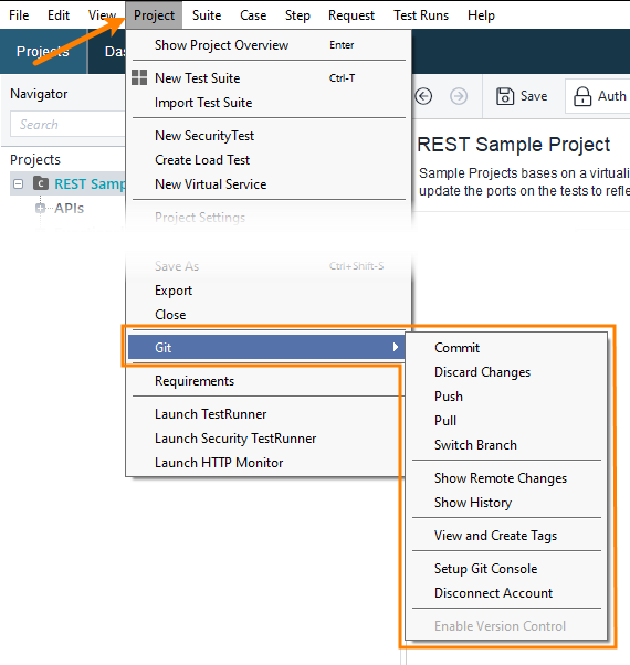 Git integration items in the main menu