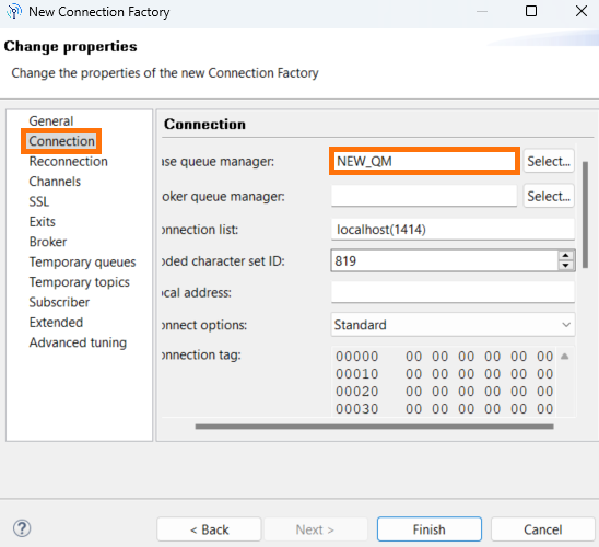Connection properties dialog in IBM MQ Explorer with Base Queue Manager selected