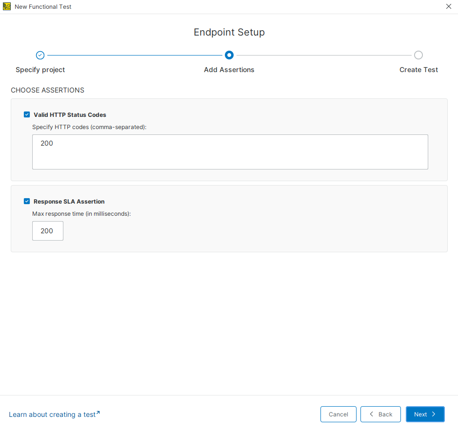 Select assertions for functional test ReadyAPI Endpoint Setup dialog showing default assertions such as HTTP status code and response SLA selected for a new functional test.