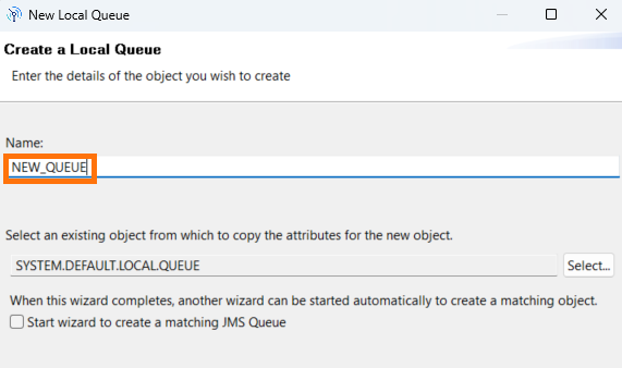 Dialog box in IBM MQ Explorer with field to enter the new queue name
