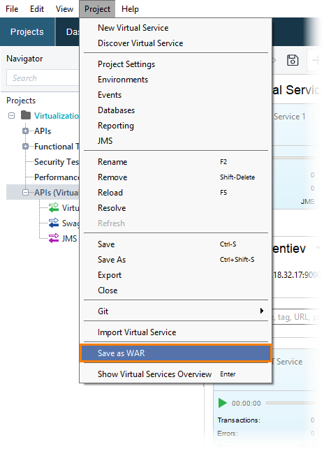 Service virtualization and API testing: Save as WAR command (main menu) Service virtualization and API testing: Save as WAR command (main menu)