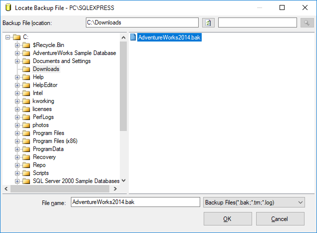 SQL Server Management Studio: Locate Backup File dialog